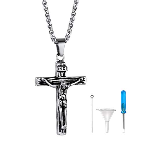 GoldChic Edelstahl Jesus Kreuz Kette Asche Urne Anhänger Halskette Memorial Urnen Kette für Asche mit Kreuz Anhänger Memorial Feuerbestattung Schmuck Silber mit 55cm+5cm Kette von GoldChic