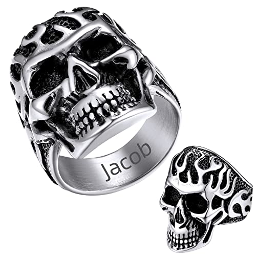 GoldChic Herren Flamme Totenkopf Ring mit Textgravur 316L Edelstahl Männer Biker Skull Statement Ring Punk Hip Hop Schädel Siegelring in Silber Ringgröße 70（22.3） Geschenke für Geburtstag Halloween von GoldChic