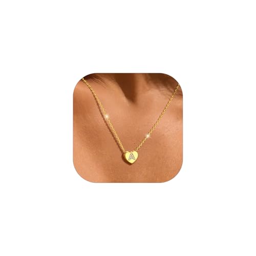 GoldChic Herzkette Damen Kette A Mädchen Halskette mit Buchstaben Kupfer Rolokette 1,4MM breit Layering-Kette 41CM Choker Namenskette Gold Schmuck von GoldChic