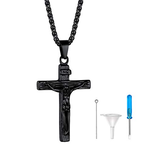 GoldChic Jesus Kreuz Asche Urne Halskette Memorial Kreuz Urnen Kette für Asche Kreuz Mini Urne Kapsel Pendant Anhänger für Memorial Feuerbestattung Schmuck in Schwarz mit 55cm+5cm Kette von GoldChic