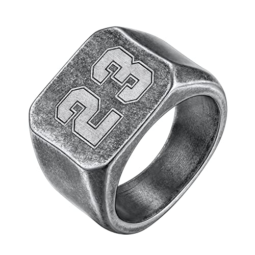 GoldChic Personalisierter Herren Siegelring mit Zahlen 0-99 Gravur Vintage Glänzender Fingerring Quadrat Band Ring Edelstahl Punk Style Biker Ring Ringgröße 54.4（17.3） in Vintage Grau von GOLDCHIC JEWELRY