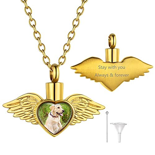 GoldChic Memorial Foto Urne Kette mit Herz Flügel Anhänger Feuerbestattung Urne Herzförmige Anhänger Halskette für Memorial Asche Schmuck Andenken in Gold mit 51cm+5cm Kette von GOLDCHIC JEWELRY