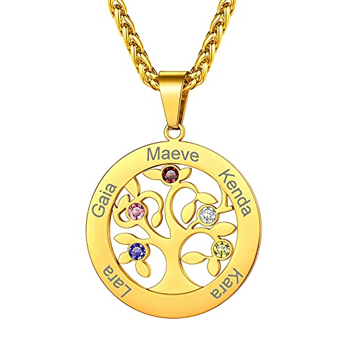 GoldChic Personalisierte Namenskette mit Lebensbaum Anhänger Damen Frauen Rund Zirkonia Familiensbaum Halskette mit Name/Textgravur in Gold Geschenke für Weihnachten Muttertag von GOLDCHIC JEWELRY