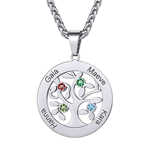 GoldChic Personalisierte Lebensbaum Namenskette Edelstahl Rund Baum des Lebens Halskette mit 4 Namegravur für Damen Frauen Zirkonia Namenskette von GOLDCHIC JEWELRY