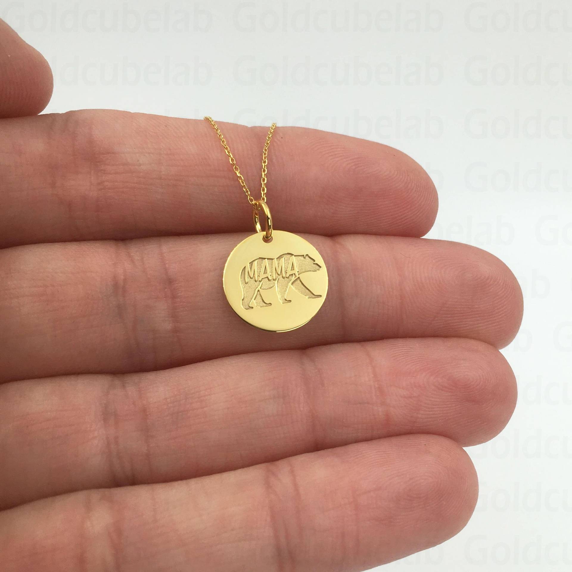 Echt 14K Solid Gold Mama Bär Halskette, Personalisierte Anhänger, Charm Schmuck, Familie Zierliche Disc Halskette von GoldCubeLab