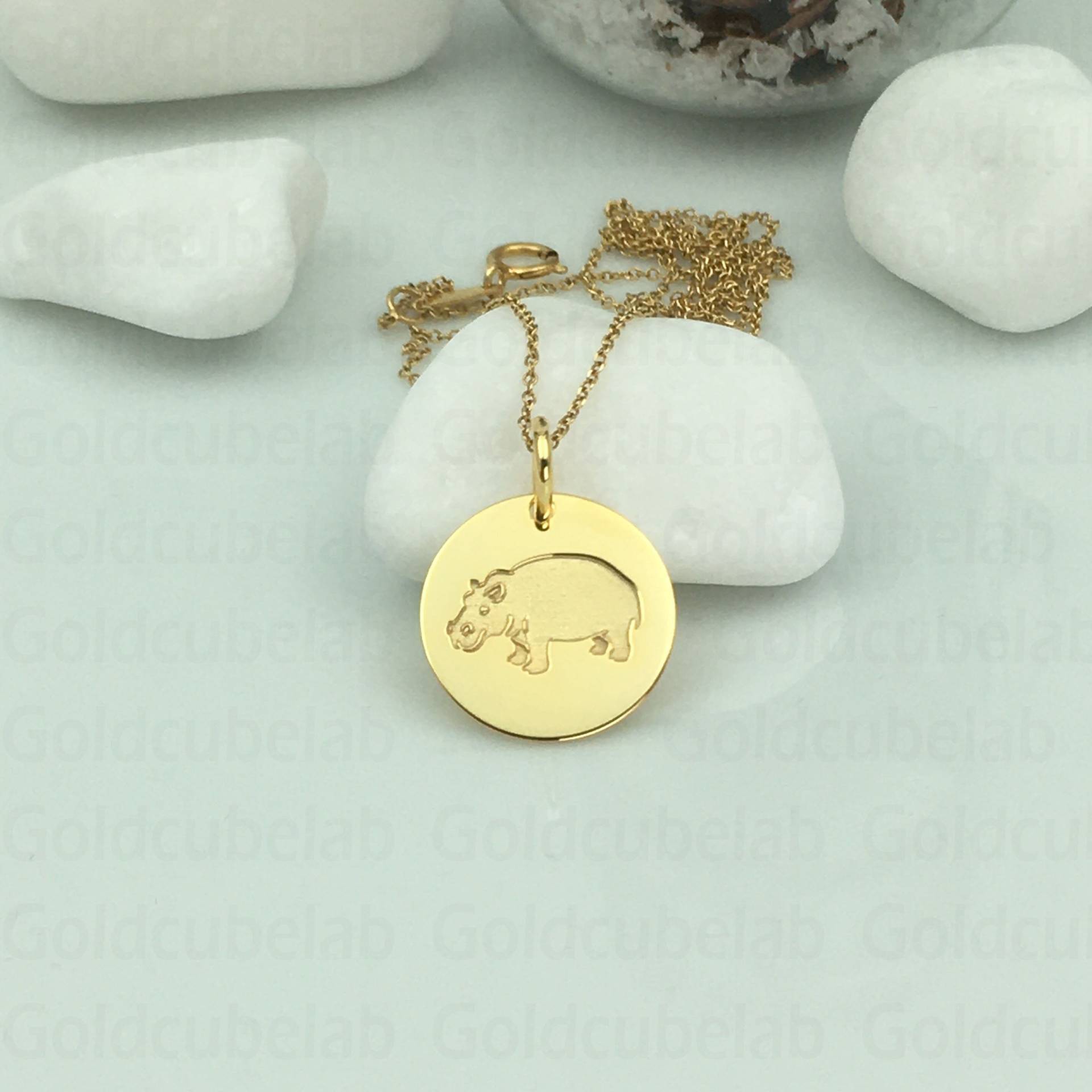 Echte 14K Solid Gold Nilpferd Halskette, Personalisierte Anhänger, Scheibe Schmuck, Charme Benutzerdefinierte Tier Anhänger von GoldCubeLab