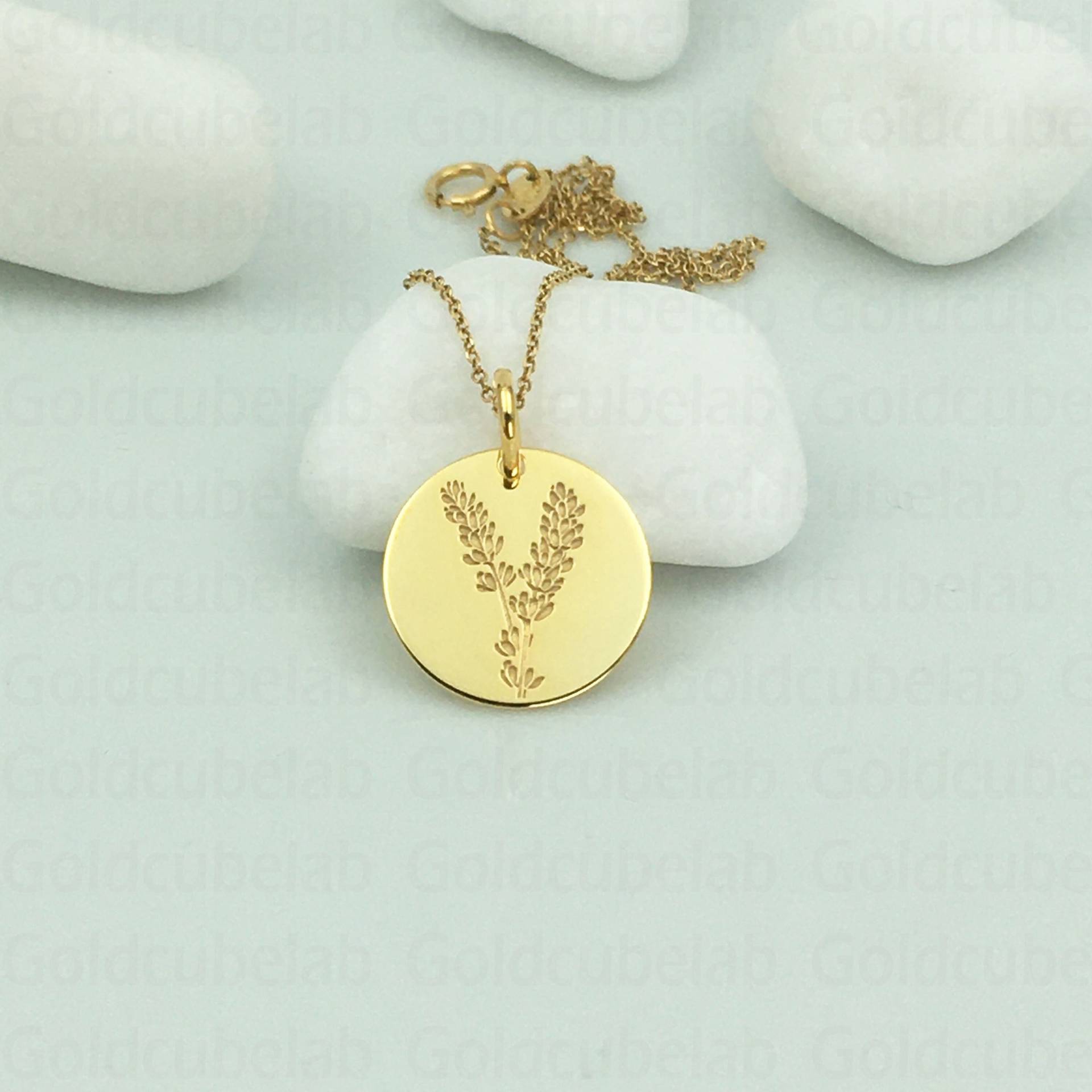 Echte 14K Solid Gold Lavendel Blume Halskette, Personalisierte Anhänger, Blumen Disc Gedenkblume, Geburtsblume Schmuck von GoldCubeLab