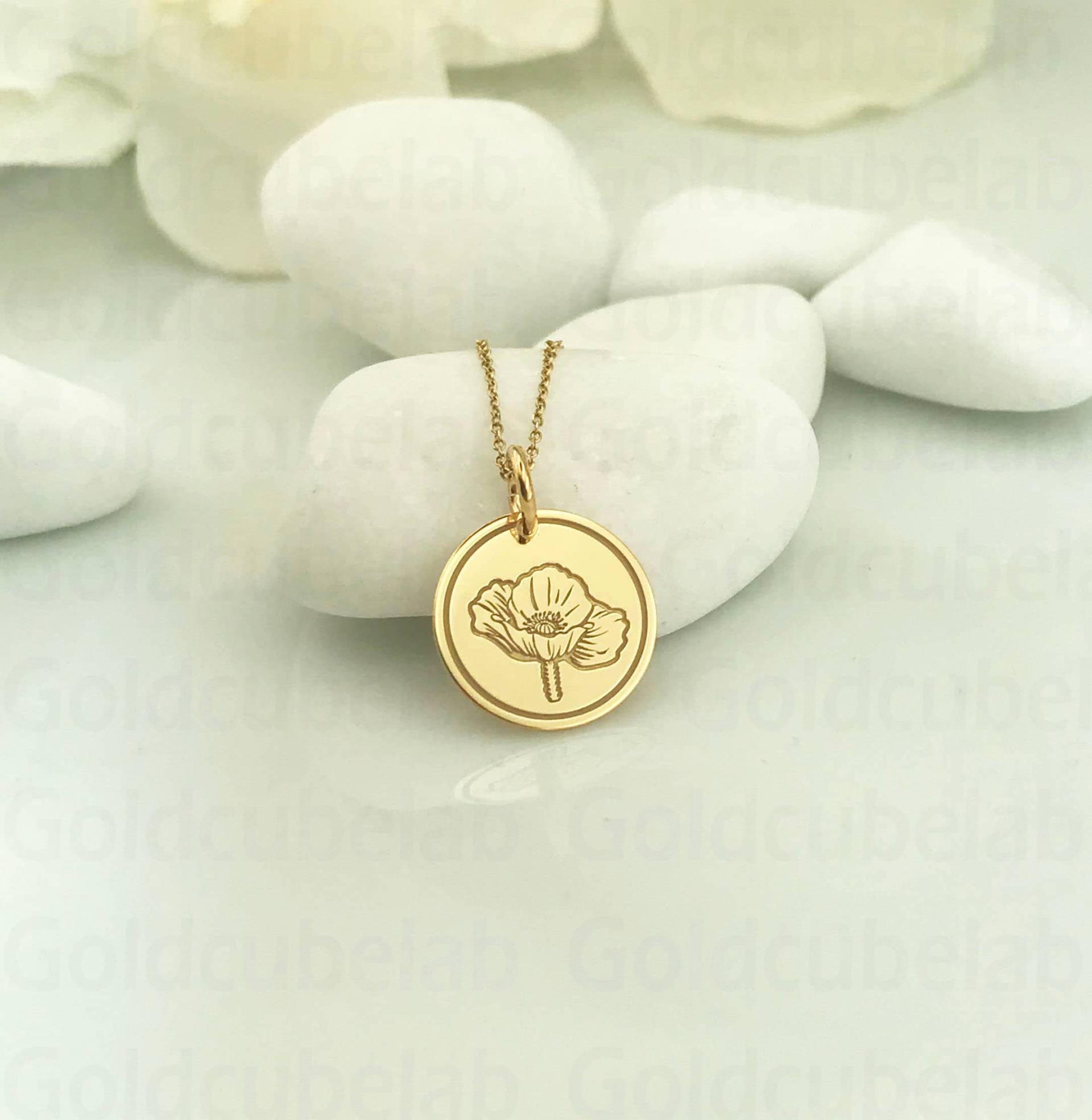 Echte 14K Solid Gold Mohn Halskette, Personalisierte Anhänger, Zarte August Geburt Blume, Blume Schmuck von GoldCubeLab