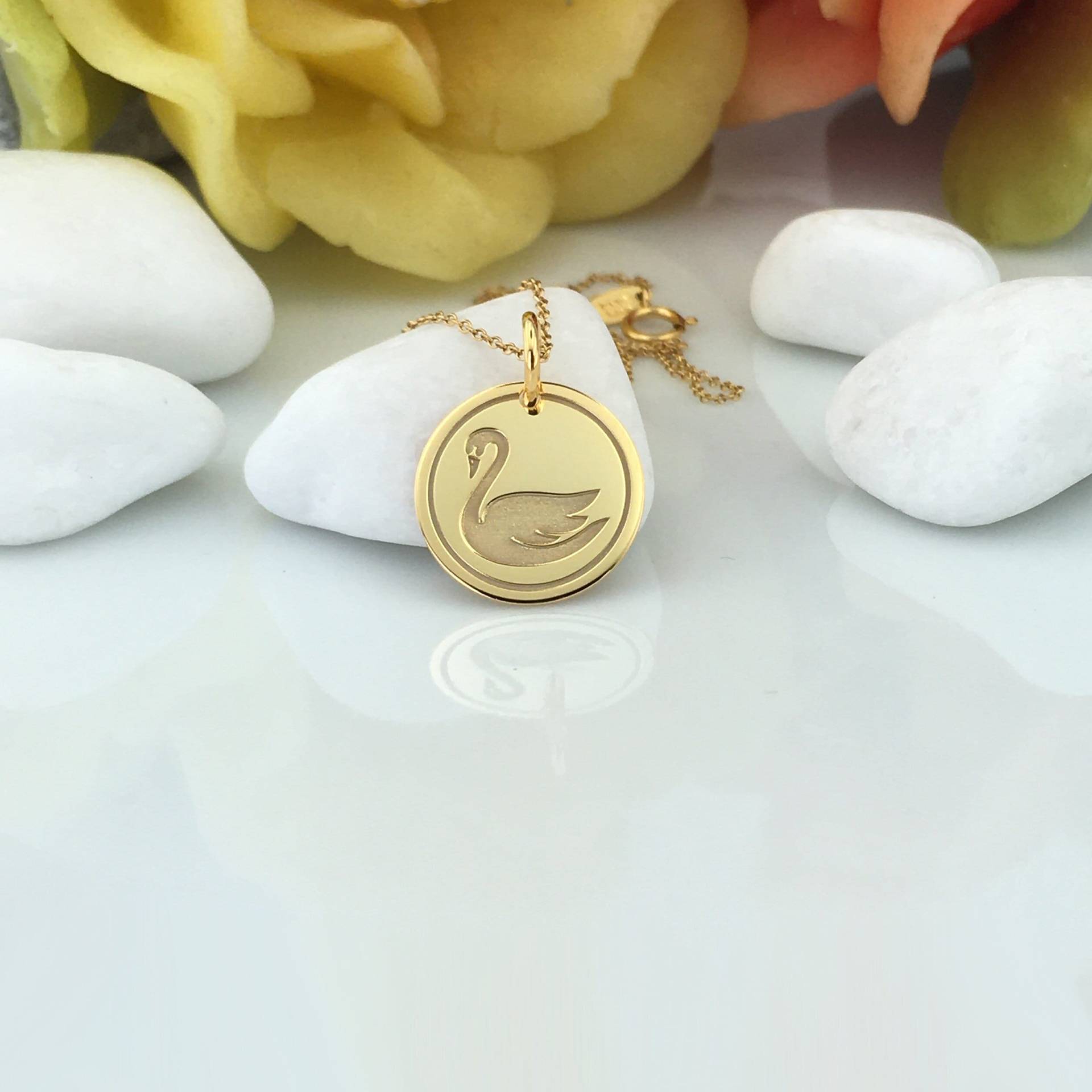 Echte 14K Solid Gold Schwan Halskette, Personalisierte Anhänger, Charme, Zierliche Schmuck, Tier Anhänger Disc von GoldCubeLab