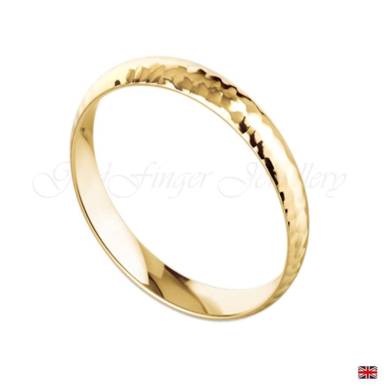 9K Massiv Gehämmert Gelbgold 3mm Eheringe Band D-Form-Gehämmert Leichtgewicht Größe H -Z | 375 & Werkstatt Stempel von GoldFingersJewellery