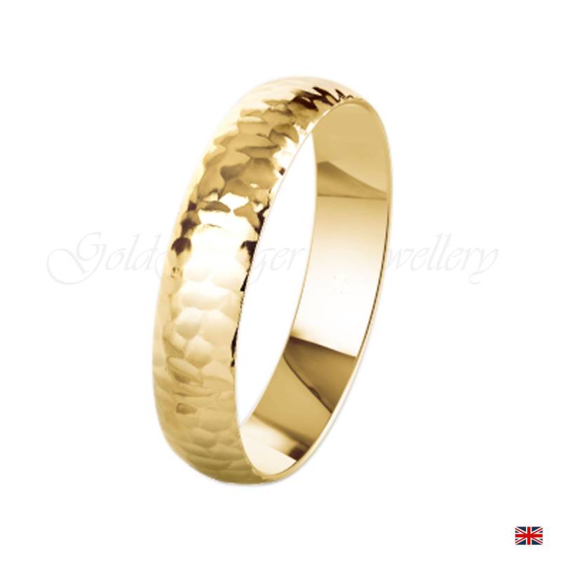 9K Massive Gehämmerte Gelbgold 4mm Eheringe Band D-Form-Gehämmert Leichtgewicht Größe H -Z | 375 & Werkstatt Stempel von GoldFingersJewellery