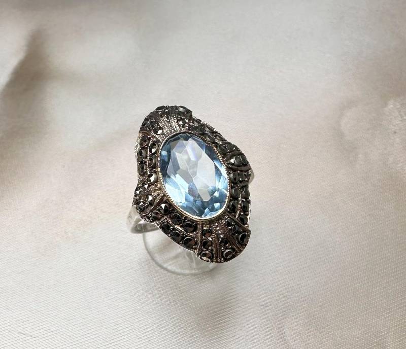 1930 Art Deco 835 Silber Blauer Spinell Markasit Ring - Us Größe 9 von GoldRingClub