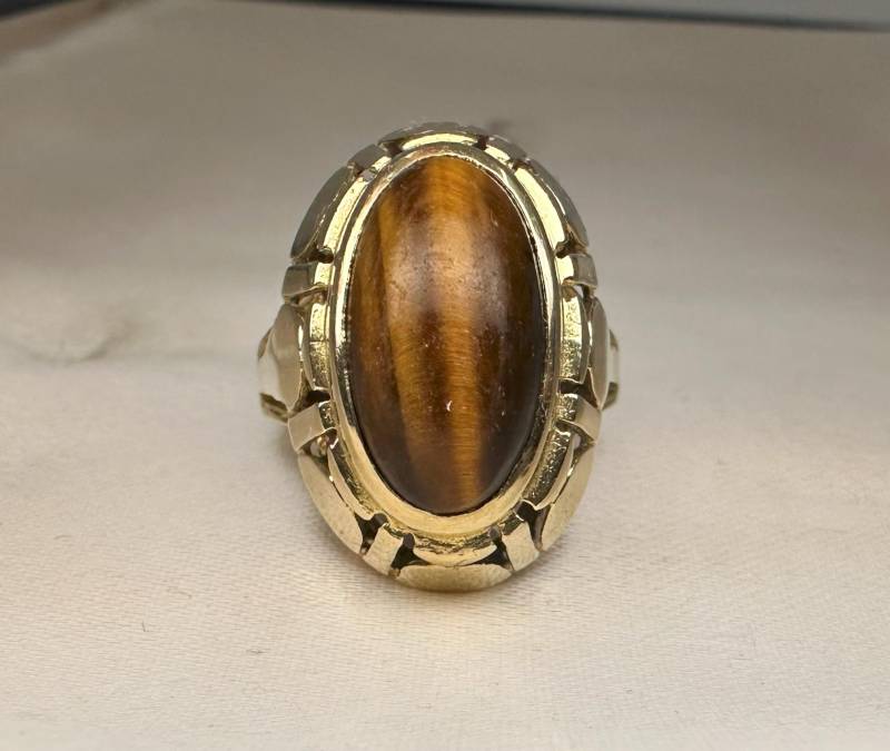 Vintage Art Deco Tigerauge Ring, 333Er Gold von GoldRingClub