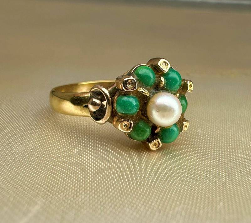 Antiker 333 Gold Ring, Grüner Stein & Perle, Us Größe 8 1/4 von GoldRingClub