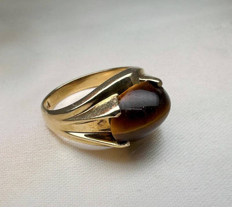 Antiker Deutscher Tigerauge Ring, 333 Gold, Art Deco Größe 58 von GoldRingClub