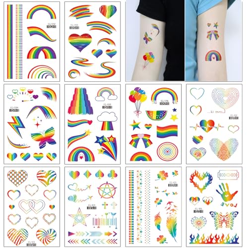 GoldRock 10 Blätter Regenbogen Tattoos Erwachsene Kinder, 100+ Progress Pride Tattoos,Lgbtq Sticker,Glitzer Tattoos zum Aufkleben,Temporäre Lgbt Aufkleber,Lesbian Accessoires Deko,Kindertattoos von GoldRock