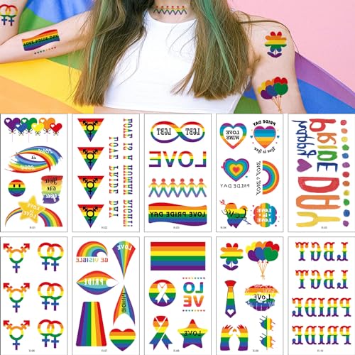 GoldRock 10 Blätter Regenbogen Tattoos Erwachsene Kinder, 50+ Progress Pride Tattoos,LGBTQ Sticker,Progress Flag Tattoos zum Aufkleben,Temporäre Lgbt Aufkleber,Lesbian Accessoires Deko,Kindertattoos von GoldRock