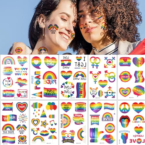 GoldRock 10 Blätter Regenbogen Tattoos Erwachsene Kinder, 70+ Progress Pride Tattoos,LGBTQ Sticker,Progress Flag Tattoos zum Aufkleben,Temporäre Lgbt Aufkleber,Lesbian Accessoires Deko,Kindertattoos von GoldRock