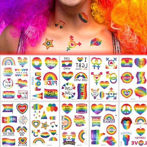 GoldRock 10 Blätter Regenbogen Tattoos Erwachsene Kinder, 70+ Progress Pride Tattoos,Progress Flag Tattoos zum Aufkleben,LGBTQ Sticker,Temporäre Lgbt Aufkleber,Lesbian Accessoires Deko,Kindertattoos von GoldRock