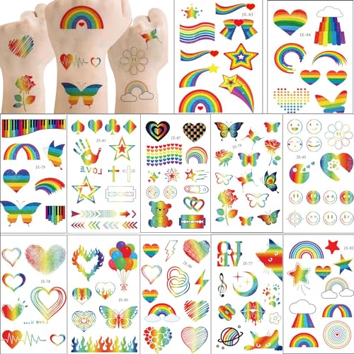 GoldRock 12 Blätter Regenbogen Tattoos Erwachsene Kinder, 120+ Progress Pride Tattoos,Lgbtq Sticker,Schmetterling Tattoos zum Aufkleben,Temporäre Lgbt Aufkleber,Lesbian Accessoires Deko,Kindertattoos von GoldRock