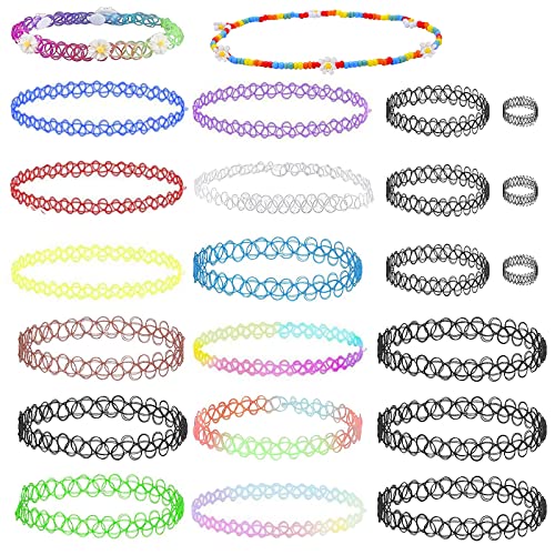 GoldRock 23 Stück Choker Halsband Tattoo kette 90s Set, Tattoo Halskette Mädchen Damen, 90er Jahre Accessoires,17x Choker Gothic,3x Armbänder,3x Ringe Schwarz,Neon Choker Kette,Tattoo Choker Kinder von GoldRock