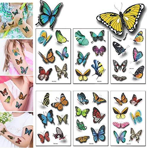 GoldRock Schmetterling Tattoo Kinder Jungen Mädchen, 6 Blätter Kinder Tattoo Set,Wasserdicht Tatoos Aufkleben Kids, 3D Glitzer Temporäre Tattoos, Hautfreundlich Kindertattoos Kindergeburtstag Geschenk von GoldRock