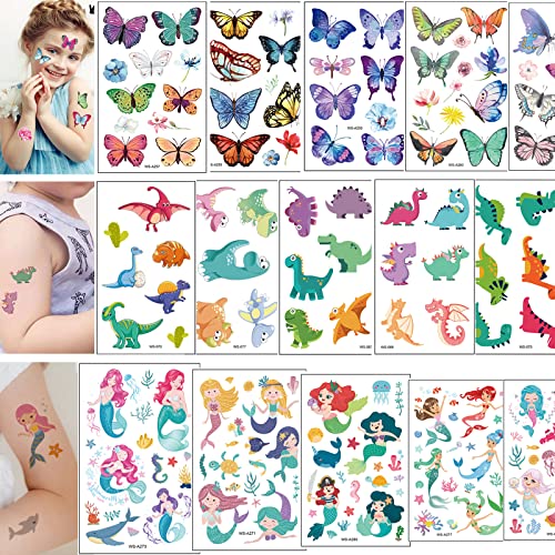 GoldRock Tattoo Kinder Jungen Mädchen, 15 Blätter Kinder Tattoo Set,Wasserdicht Tatoos Aufkleben Kids,Meerjungfrau Schmetterling Dino Tattoo Kinder/Erwachsene, 3D Kindertatooset Kinder Hautfreundlich von GoldRock