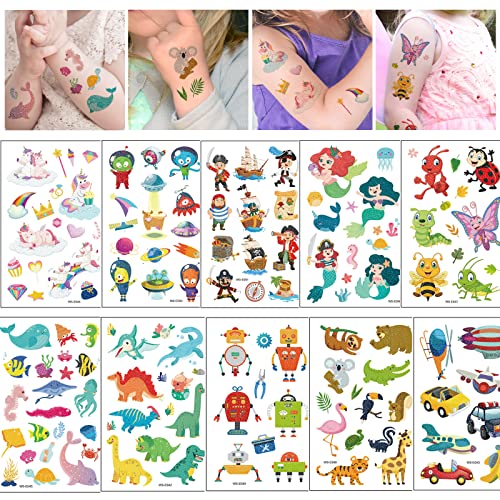 GoldRock Tattoo Kinder Jungen Mädchen,10 Blätter Kinder Tattoo Set,Wasserdicht Tatoos Aufkleben Kids,Schmetterling Einhorn Wagen Dino Temporäre Tattoos/Universal,Kindertatooset Kinder Hautfreundlich von GoldRock