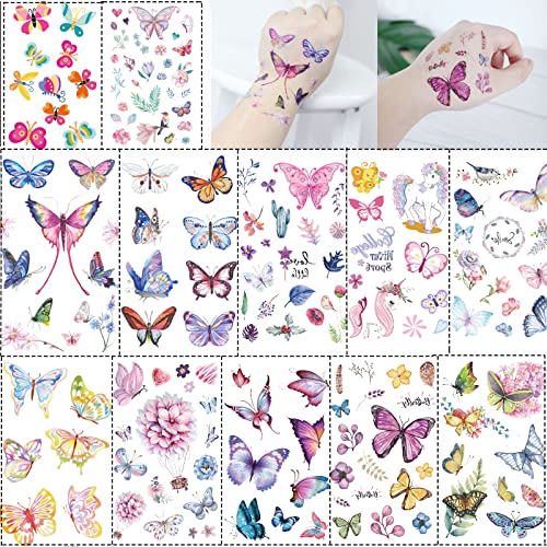 GoldRock Tattoo Kinder Mädchen/Jungen, 12 Blätter Temporäre Tattoos Set, Schmetterling Tattoo Aufkleber, Blumen/Einhorn Kinder Tattoo, Wasserdicht Kindertattoos für Kindergeburtstag Mitgebsel Party von GoldRock