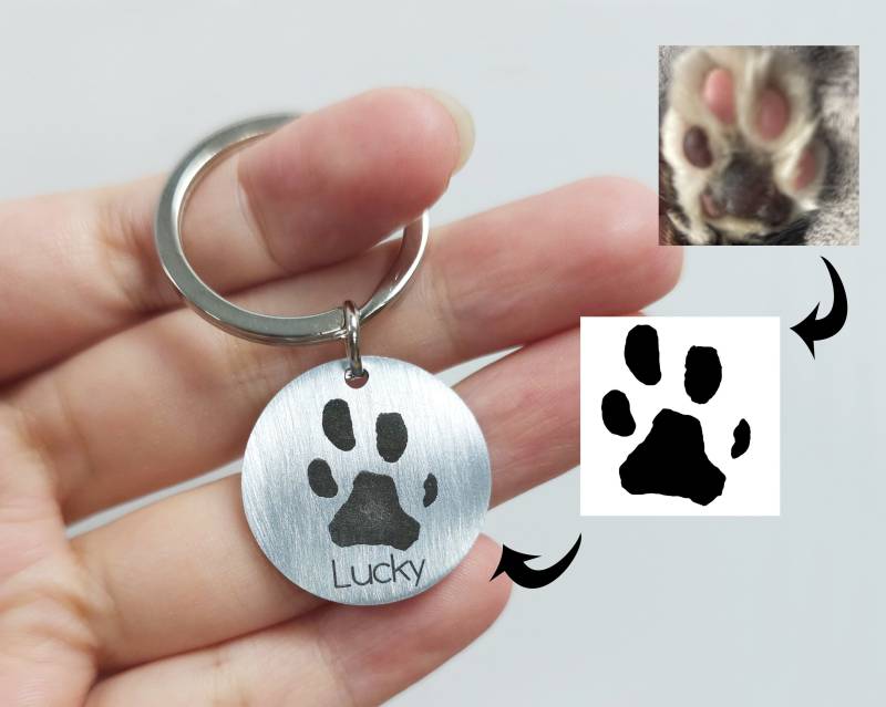 Custom Paw Print Keychain, Actual Dog Pawprints Keyring, Personalized Cat Key Chain Engraved With Name, Gift For Pet Lover von GoldShineShop