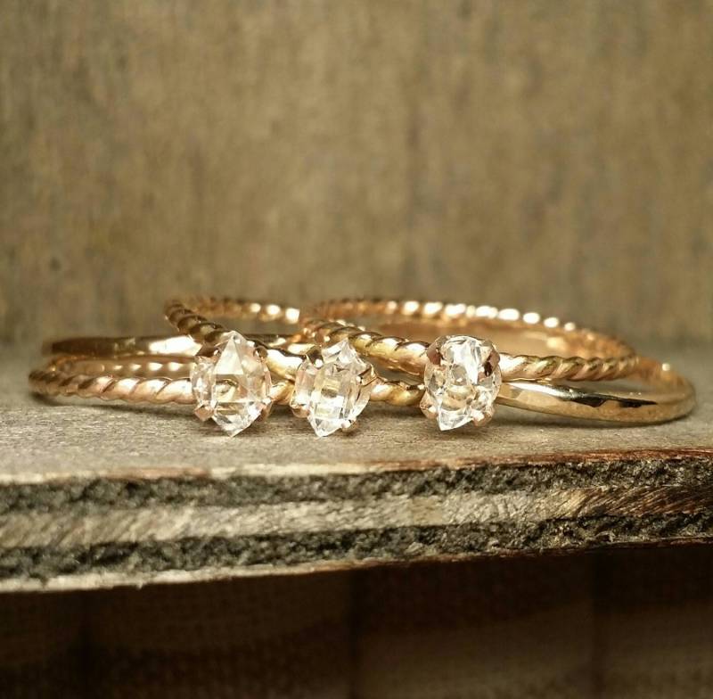 Stapeln Set - Herkimer Diamant Quarz Kristall Vergangenheit Gegenwart Zukunft Solid Gold Oder Sterling Silber von GoldSilverAndGems