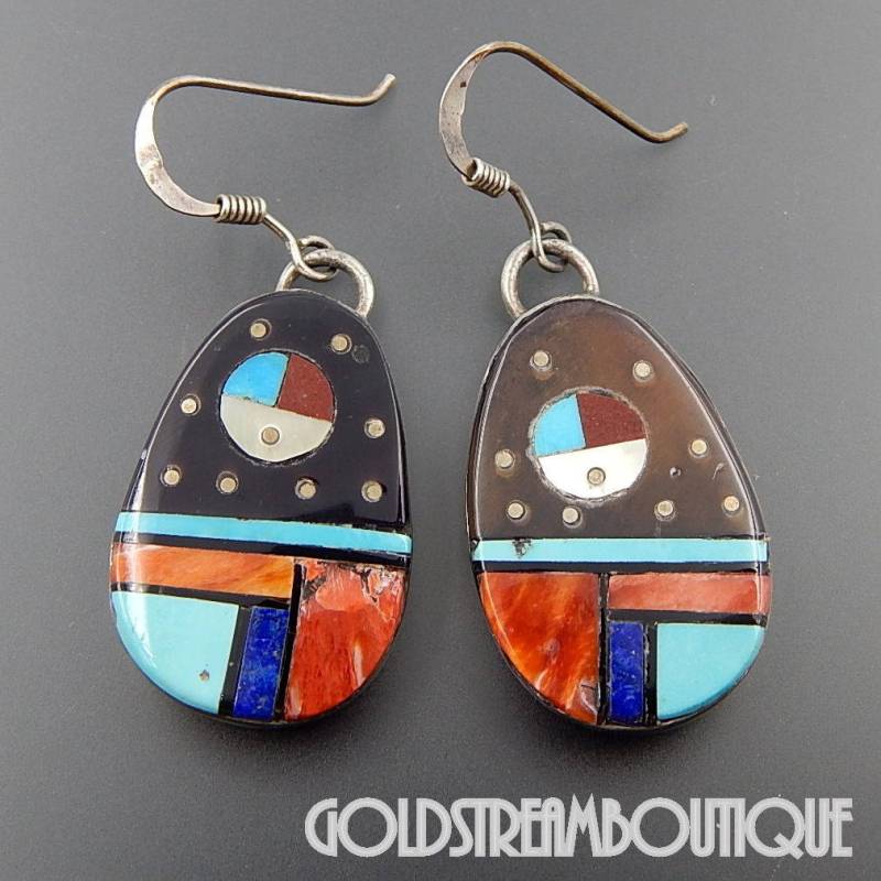 Vintage Zuni Sterling Silber Multi Edelstein Inlay Sonnengesicht Haken Baumeln Ohrringe von GoldStreamBoutique