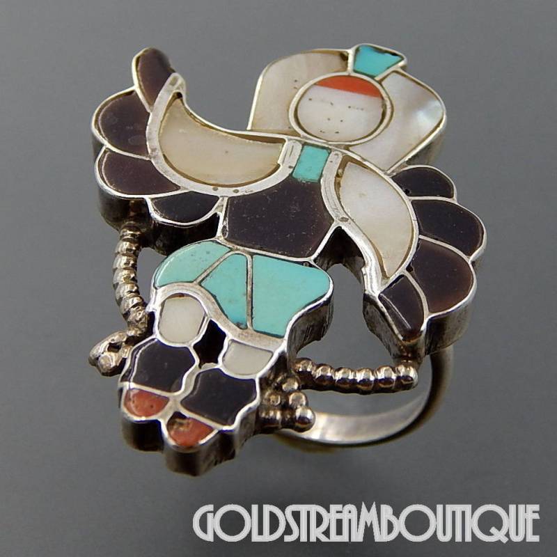 Zuni Inlay Adler Tänzer Ring Sterling Silber Edelstein, Größe 7, 75 von GoldStreamBoutique