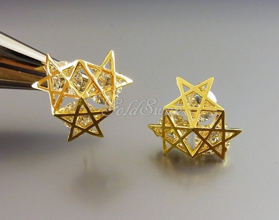 Goldene Dreifach Stern Cz Ohrringe Messing Multi-Star Cluster von GoldSwan
