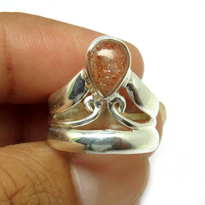 Boho Zierlicher Bandring, 925 Massiv Sterling Silber Natürliche Sandstein Birnenform, Handgefertigte Edelstein Krone Ring Geschenke von GoldTroveJewellery