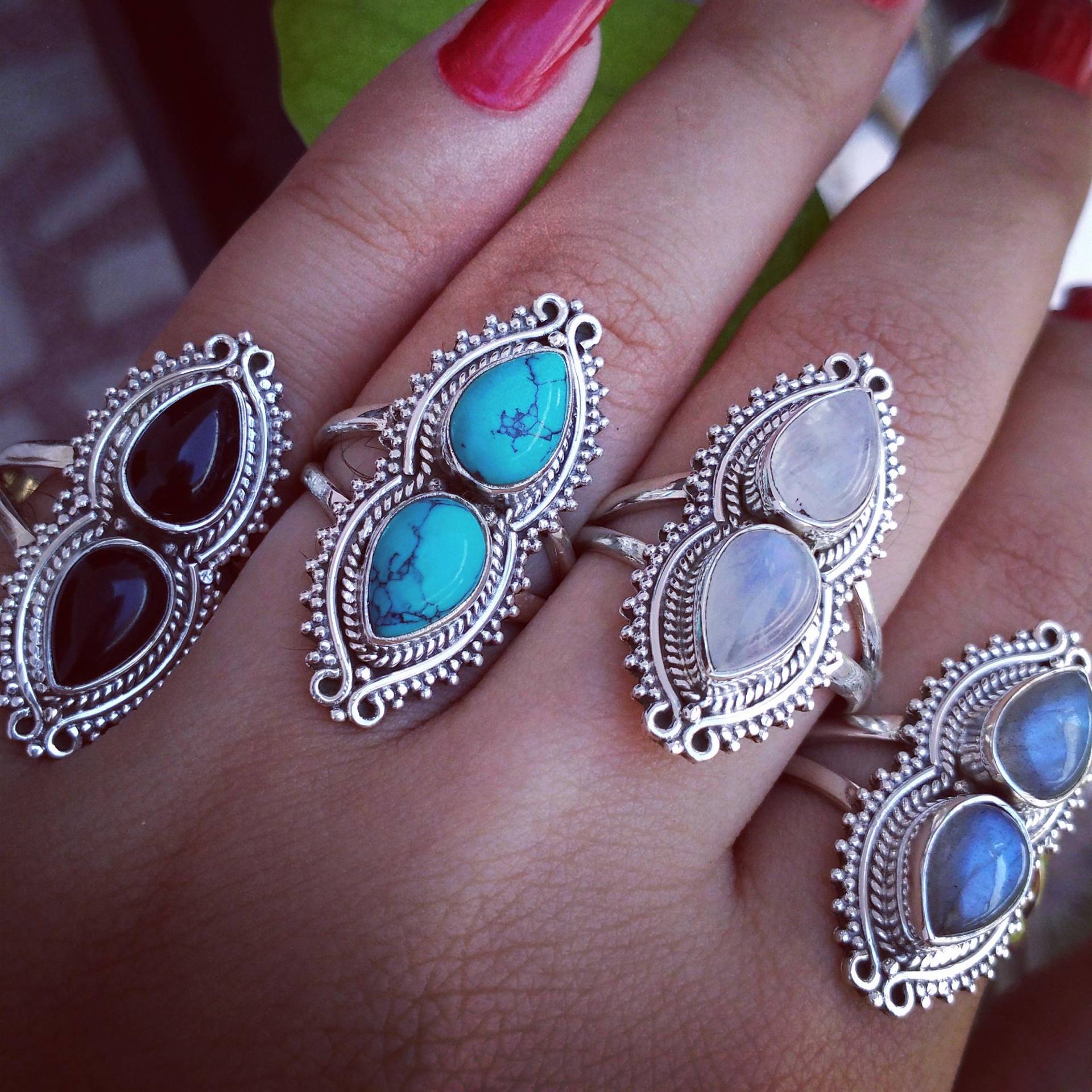 Einzigartiger Labradorit Ring Aus 925 Silber - Handwerklich Gefertigter Schmuck| Mondstein Ringe | Türkis Schwarzer Onyx Valentinstag Geschenke von GoldTroveJewellery