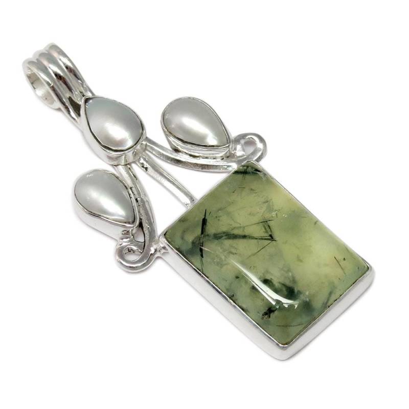 Prehnit & Perlen Anhänger, 925 Sterling Silber Handgemachter Schmuck, Heilendes Kristall Geschenk Für Sie, Eleganter Grüner Edelstein Halsketten von GoldTroveJewellery