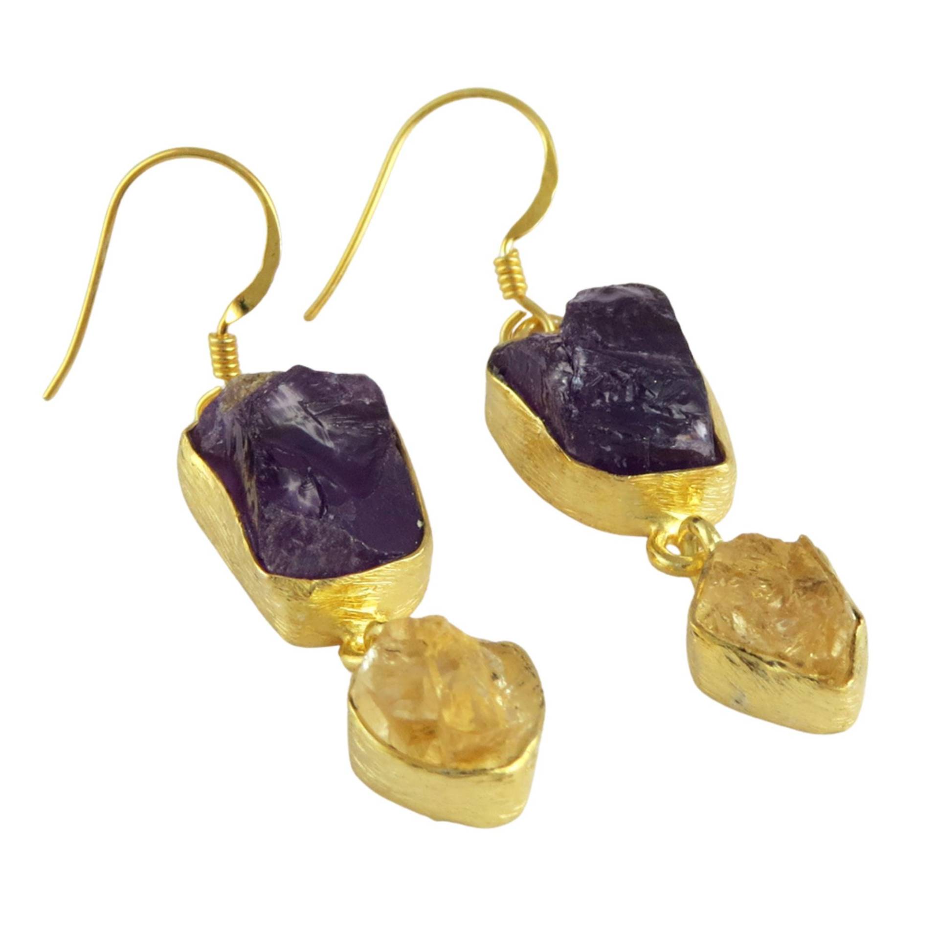 Roh Citrine & Amethyst Vergoldete Ohrringe, 925 Sterling Silber Ohrringe Matt Poliert von GoldTroveJewellery