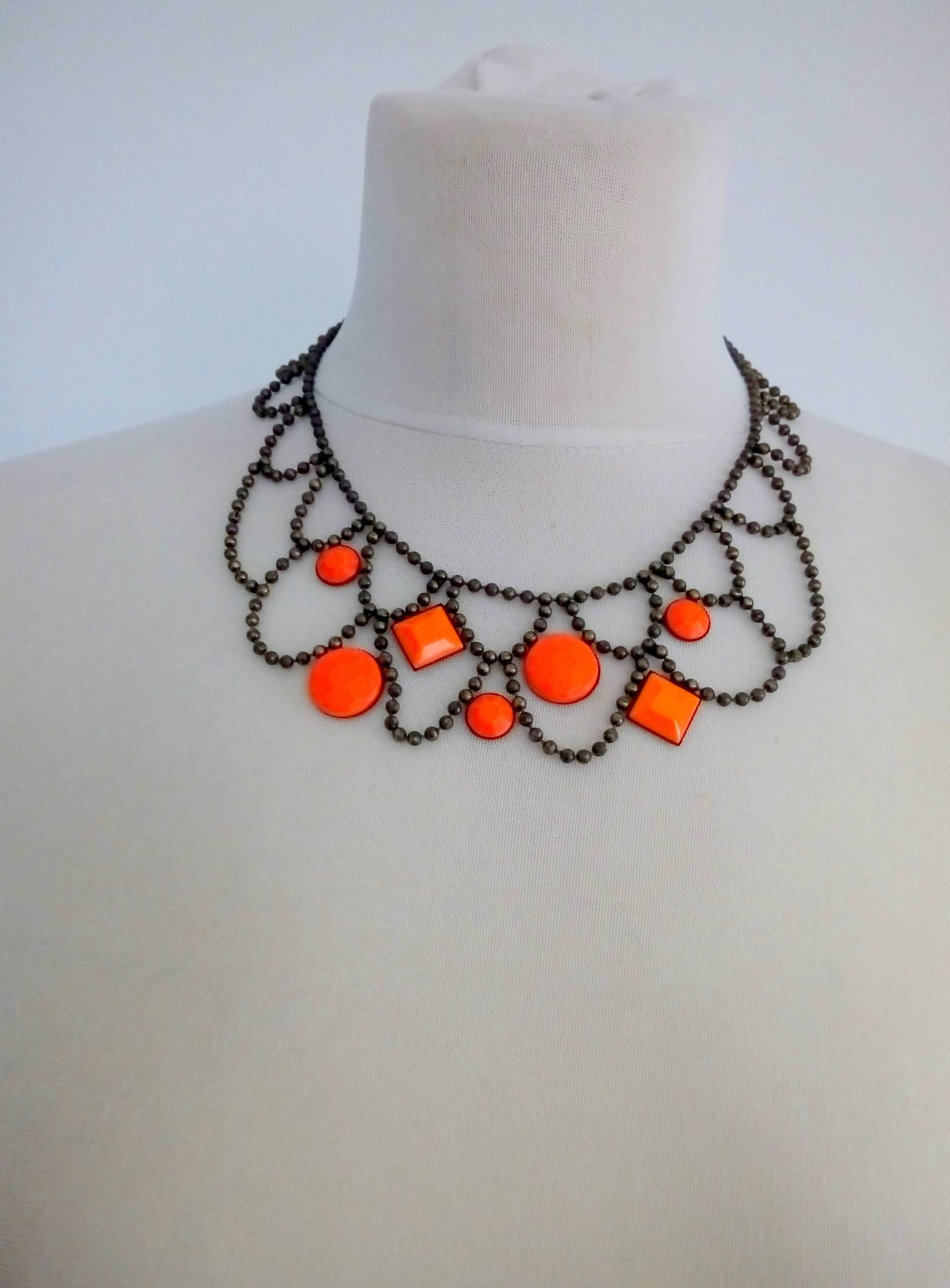 Vintage 70Er Jahre Edelstahl Hundemarke Kugelkette Mit Orange Perlenkette, Kette Vintage 70Er Jahre Edelstahl Hundemarke Kugelkette Mit Orange Perlenkette, Kette von Golda2Hand