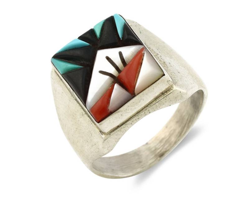 Zuni Ring .925 Silber Intarsien Edelsteine Handgemacht Signiert Künstler Lgl C.80's von GoldandDiamondExchge
