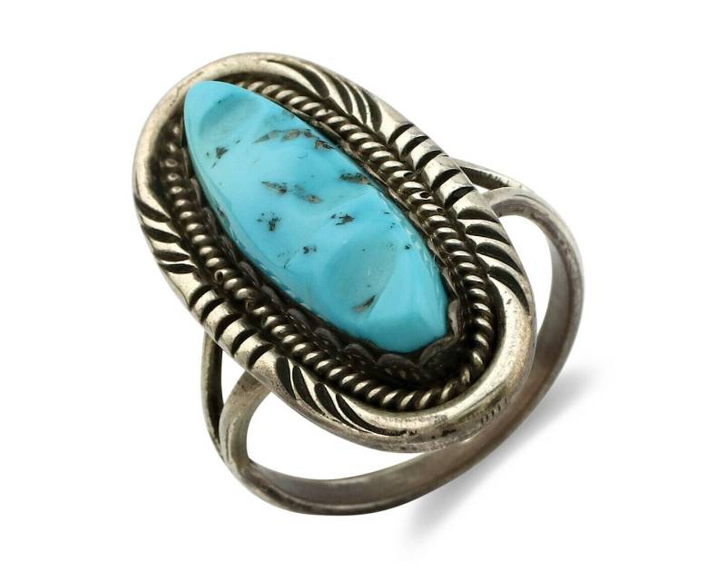 Zuni Ring .925 Silber Natürliche Hand Geschnitzt Türkis Signiert Ms C.80's von GoldandDiamondExchge