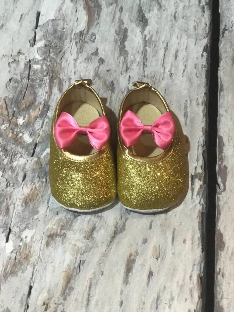 Gold Glitzer Babyschuhe Rosa Schleife, Erster Geburtstag von Goldclouds
