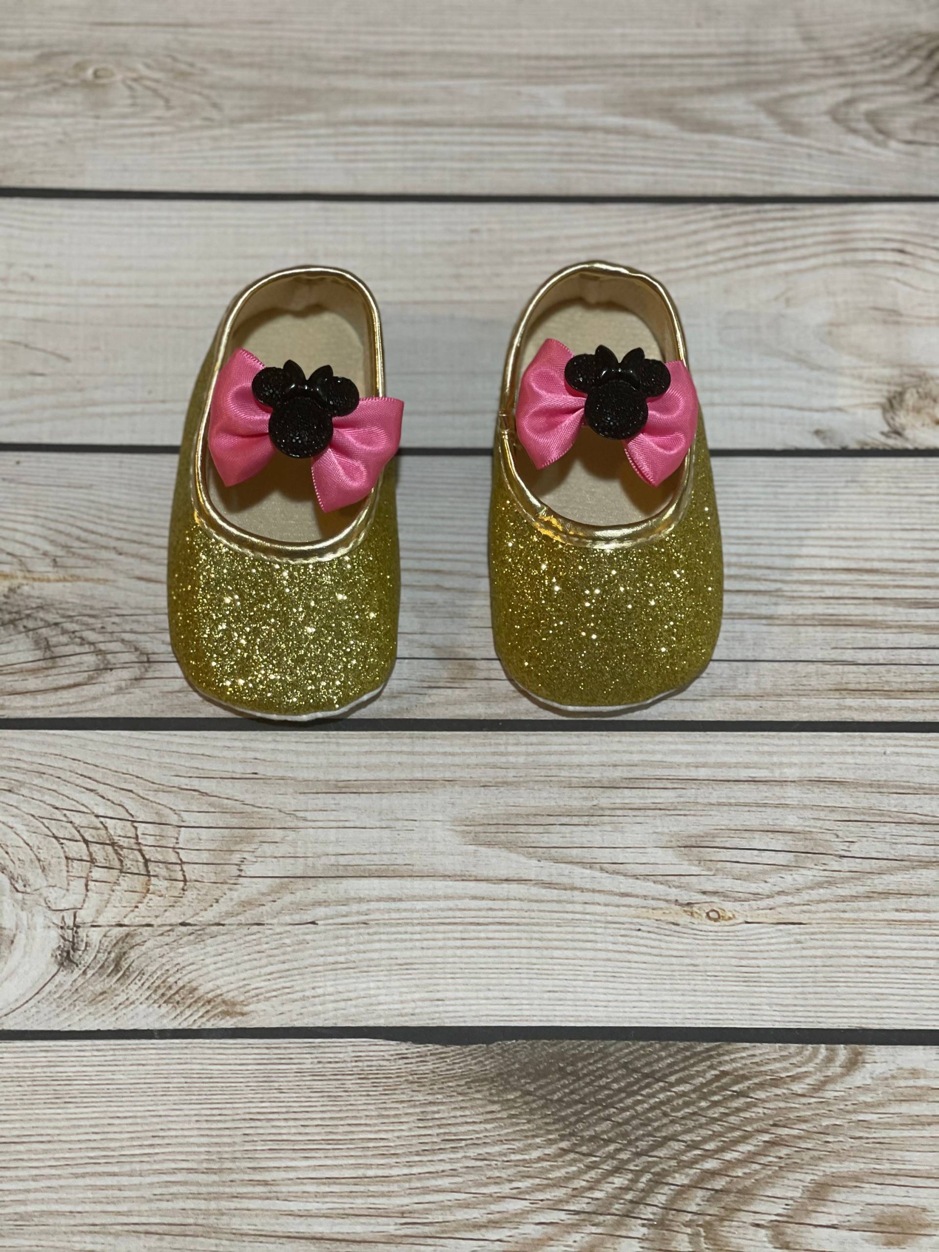 Minnie Maus Glitzer Schuhe Dunkel Rosa Schleife, Mickey Gold Schuhe, 1. Geburtstag Baby Gold, Erste Mädchen von Goldclouds