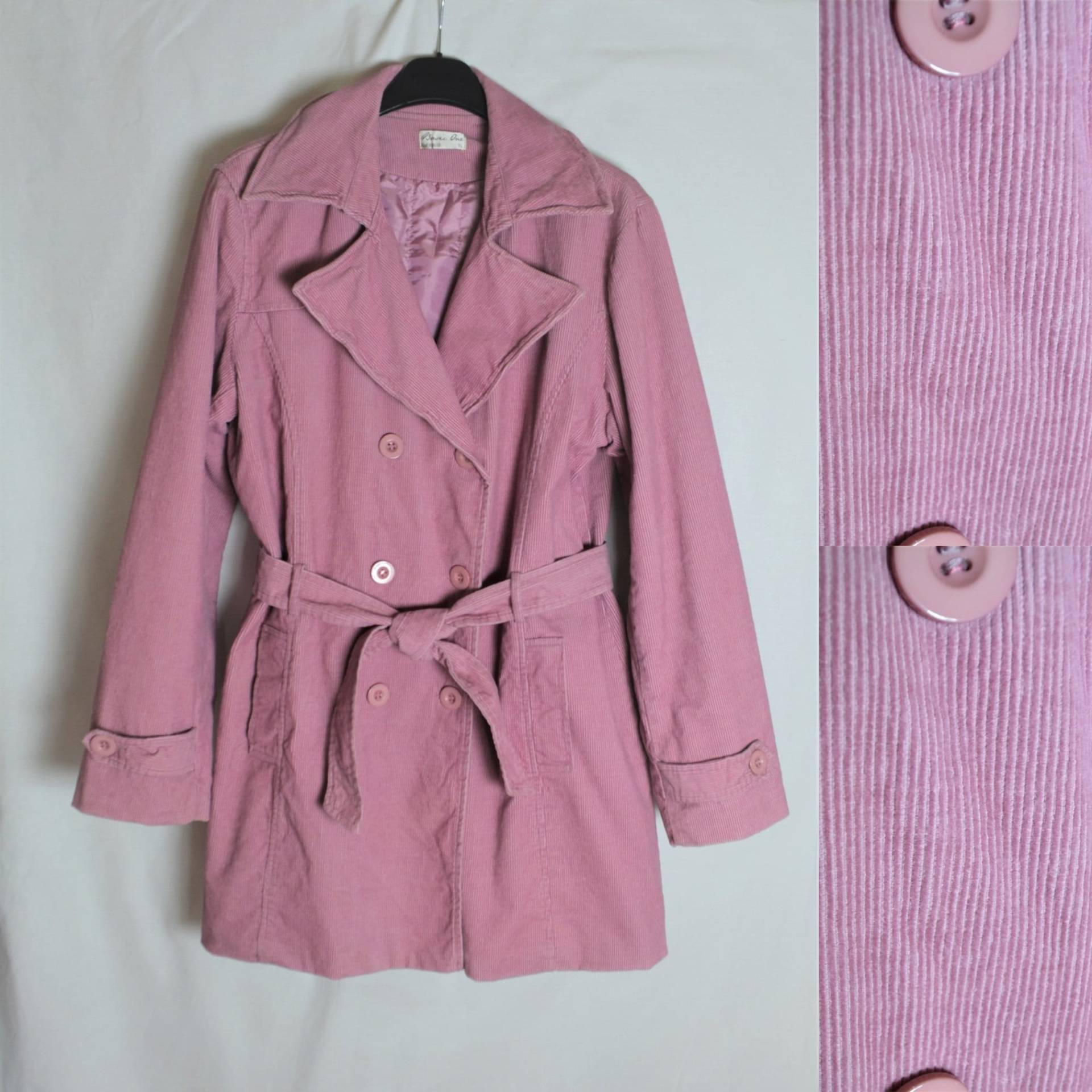 Vintage Damen Samt Trench Coat Größe L Dusty Pink Doppelbrust Knopf Gürteljacke Gefüttert Frühling Herbst Warm von Goldeas