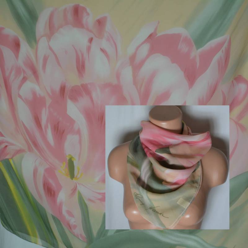 Vintage Frauen Blumen Schal Quadrat Rosa Tulpen Print Hals Pastellfarben Grün Beige Gelb von Goldeas