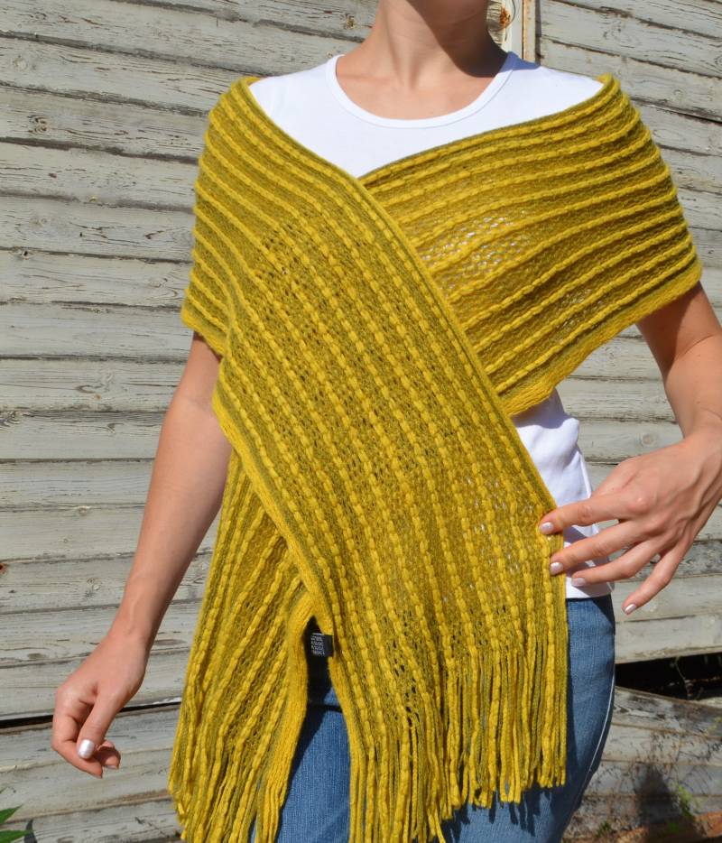 Vintage Frauen Gelb Wollschal Wolle Langer Schal Khaki Oliv Fransen Lang Breit Wickelwolle Strickschal Halswärmer von Goldeas