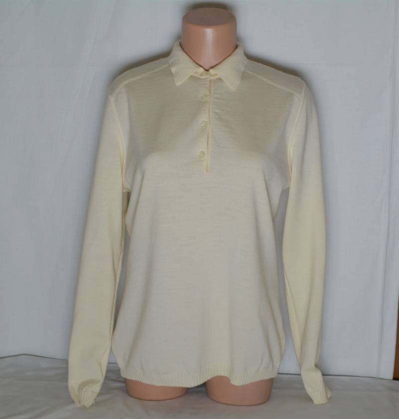 Vintage Frauen Merino Wolle Pullover Größe M/L Ecru Langarm Basic Casual Kragen Strick Creme Top von Goldeas