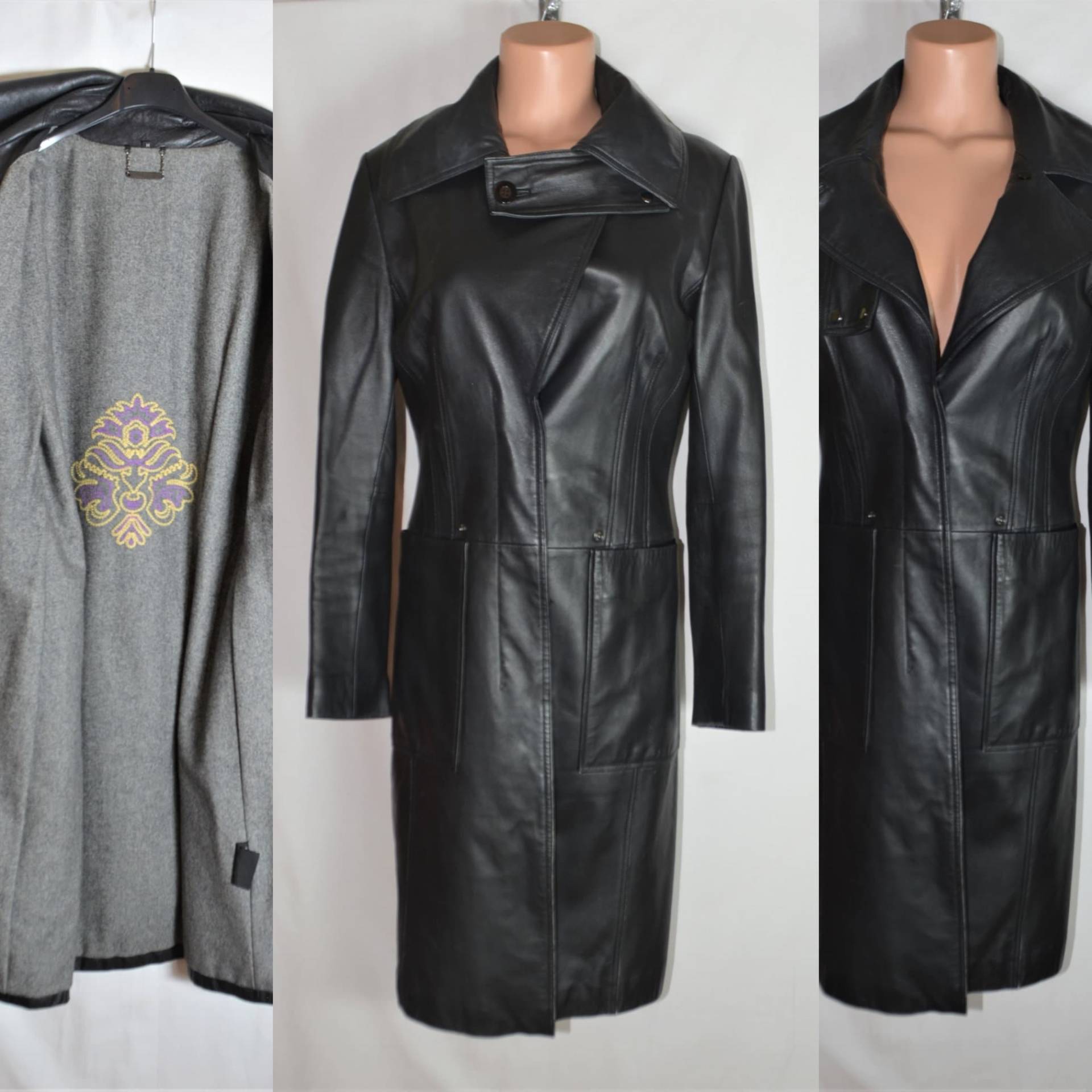 Vintage Frauen Schwarze Lederjacke Größe S/M Schwarzer Echtledermantel Mit Warmen Wollfutter Knöpfen Leder Lange Jacke Retro Ledermantel von Goldeas