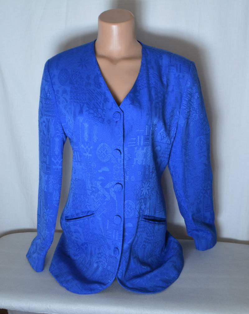 Vintage Kobalt Blau Damen Jacke Größe M Elektrisch Langarm Jacquard Blazer Blauer Abstrakter Druck 80Er Jahre Deutsche Retro Knöpfe Long von Goldeas