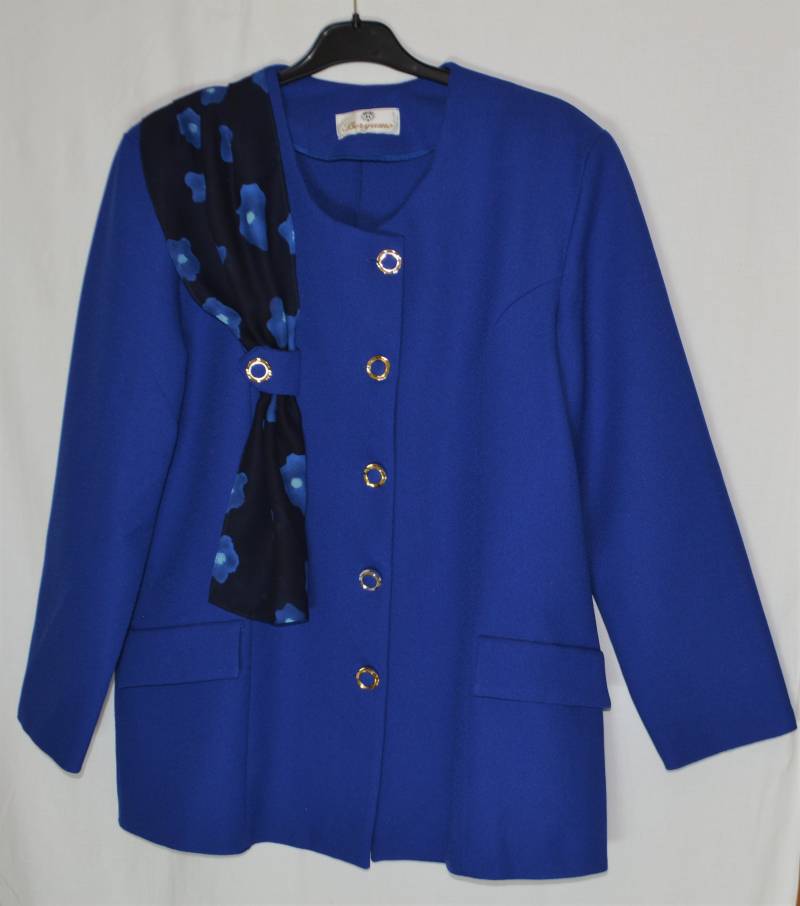 Vintage Kobalt Blaue Jacke Für Frauen Größe L Langarm Tintenblaue 90Er Jahre Solid Print Floral Schal Blau Schwarz Retro Geknöpfter Blazer von Goldeas